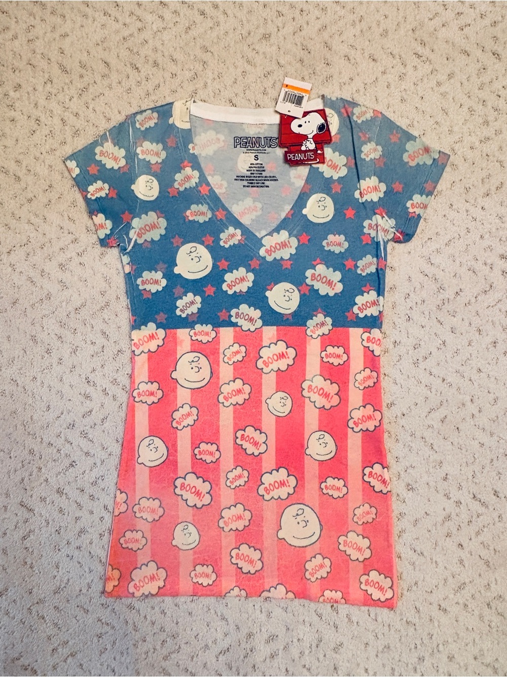 Peanuts Charlie Brown V Neck Tunic Graphic Tee NEW Size S Junior Blue Pink